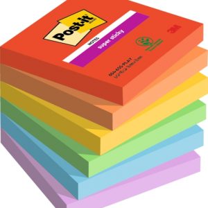 Post-It Super Sticky Pack de 6 Blocs de 90 Notas Adhesivas Reposicionables - Forma Cuadrada - 76x76mm - Colores Surtidos