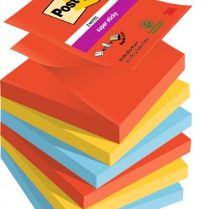 Post-It Super Sticky Pack de 6 Blocs de 90 Notas Adhesivas Reposicionables - Forma Cuadrada - 76x76mm - en Zig-Zag - Colores Surtidos