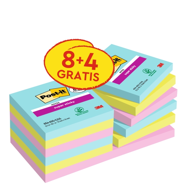 Post-It Super Sticky Pack de 12 Blocs de 90 Notas Adhesivas Reposicionables - Coleccion Cosmic - 76x76 mm - + 4 Gratis - Colores Surtidos