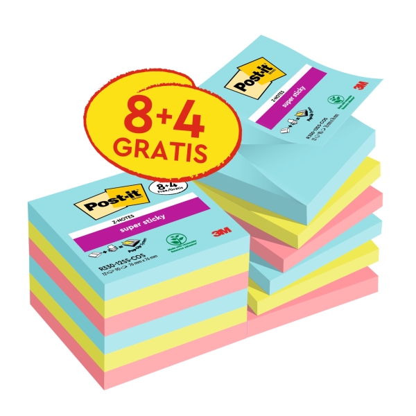 Post-It Super Sticky Pack de 12 Blocs de 90 Z-Notas Adhesivas Reposicionables - Coleccion Cosmic - 76x76 mm - Promocion 8 Blocs + 4 Gratis - Colores Surtidos