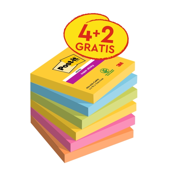 Post-It Super Sticky Pack de 6 Blocs de 90 Notas Adhesivas Reposicionables - Forma Cuadrada - 76x76mm - Colores Surtidos 1 Post-It Super Sticky Pack de 6 Blocs de 90 Notas Adhesivas Reposicionables - Forma Cuadrada - 76x76mm - Colores Surtidos