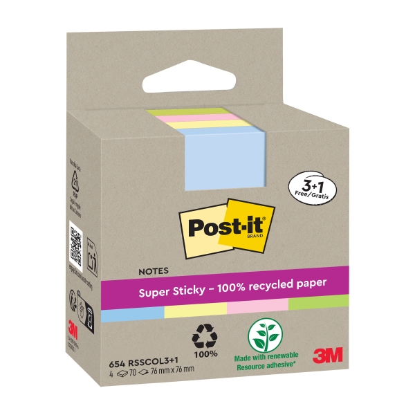 Post-It Super Sticky Pack de 4 Blocs de 70 Notas Adhesivas Recicladas - Forma Cuadrada - 76x76mm - Colores Surtidos