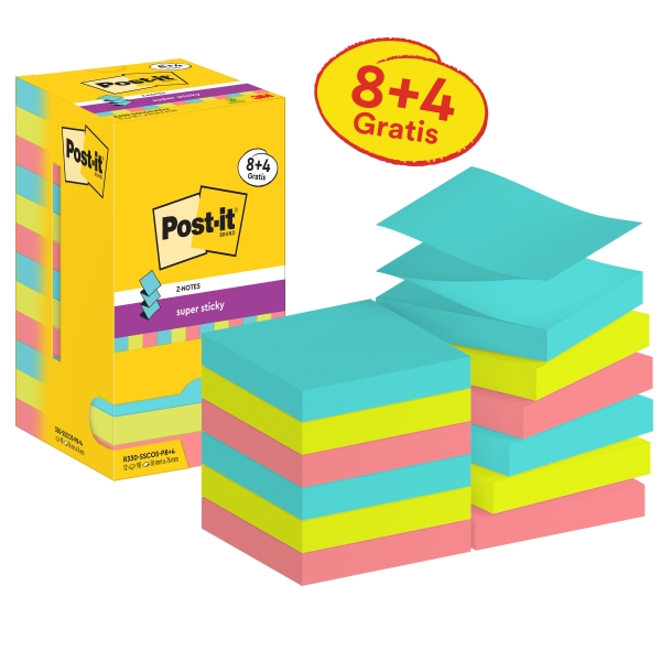 Post-It Super Sticky Pack de 12 Blocs de 90 Notas Adhesivas Reposicionables - Forma Cuadrada - 76x76mm - en Zig-Zag - Colores Surtidos
