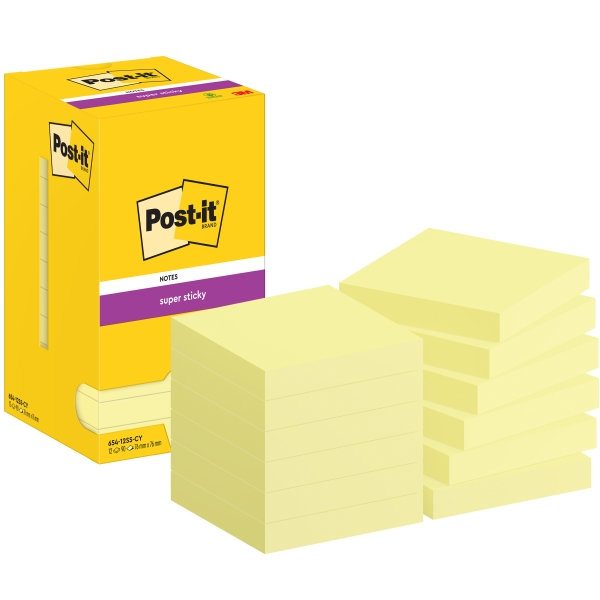 Post-It Super Sticky Pack de 12 Blocs de 90 Notas Adhesivas Reposicionables - 76x76mm - Paquete de Carton - Color Amarillo Claro