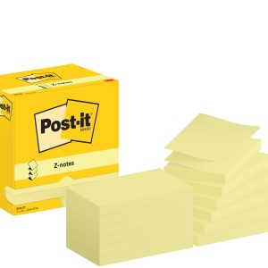 Post-It Pack de 12 Blocs de 100 Z-Notas Adhesivas Reposicionables - Forma Rectangular - 76x127mm - Color Amarillo Claro