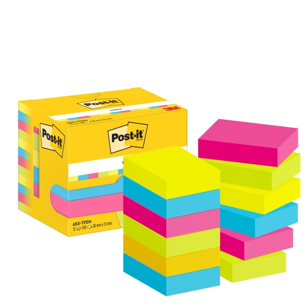 Post-It Pack de 12 Blocs de 100 Notas Adhesivas Reposicionables - Forma Rectangular - 38x51mm - Colores Surtidos