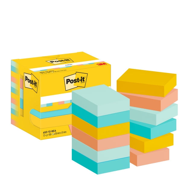 Post-It Pack de 12 Blocs de 100 Notas Adhesivas Reposicionables - Forma Rectangular - 38x51mm - Colores Surtidos