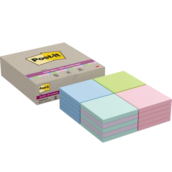Post-It Super Sticky Pack de 20 Blocs de 70 Notas Adhesivas Recicladas - Forma Cuadrada - 76x76mm - Colores Surtidos