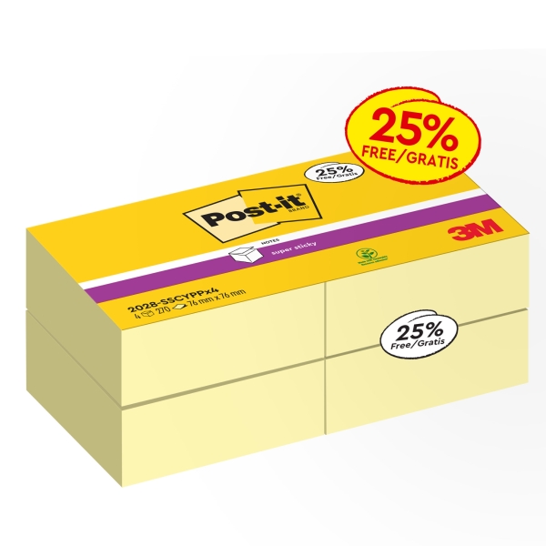 Post-It Super Sticky Pack de 4 Cubos de 270 Notas Adhesivas Reposicionables - Forma Cuadrada - Color Amarillo Claro
