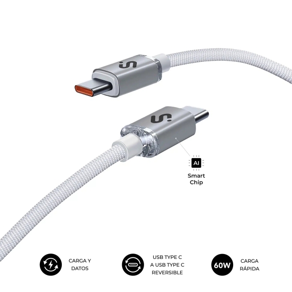 Subblim Cable Optimus USB-C - 60W - Nylon Trenzado - 480Mbps - 1 Metro - Color Blanco