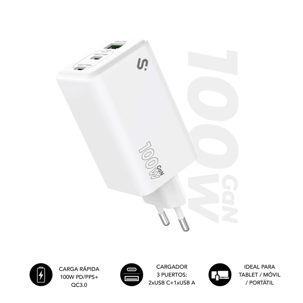 Subblim Cargador de Pared GaN 100W - 3 Puertos (2xUSB-C + 1xUSB-A) - Carga ultra rápida - Color Blanco