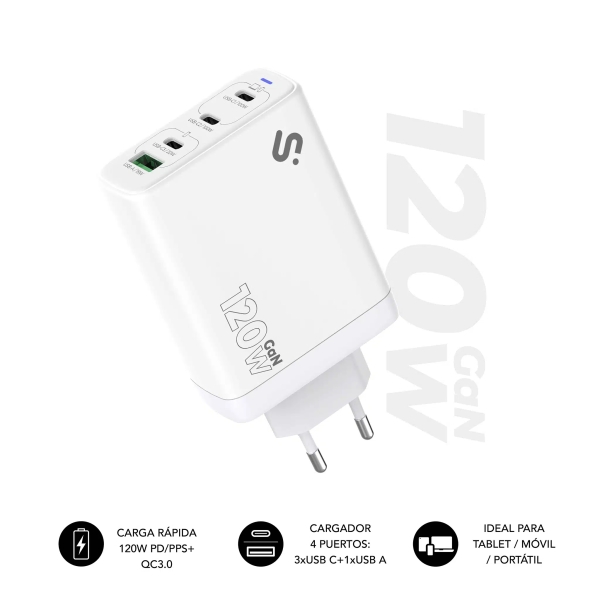 Subblim Cargador de Pared GaN 120W - 4 Puertos (3xUSB-C + 1xUSB-A) -  Carga ultra rápida - Color Blanco
