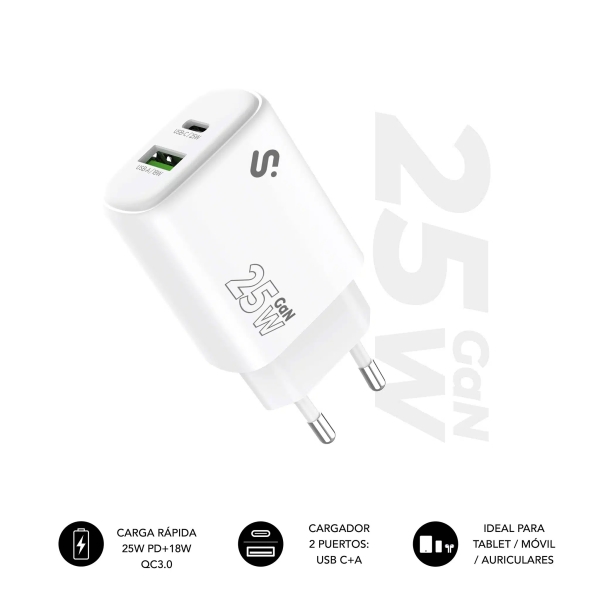Subblim Cargador de Pared GaN 25W - USB-C + USB-A -  Carga rápida - Color Blanco