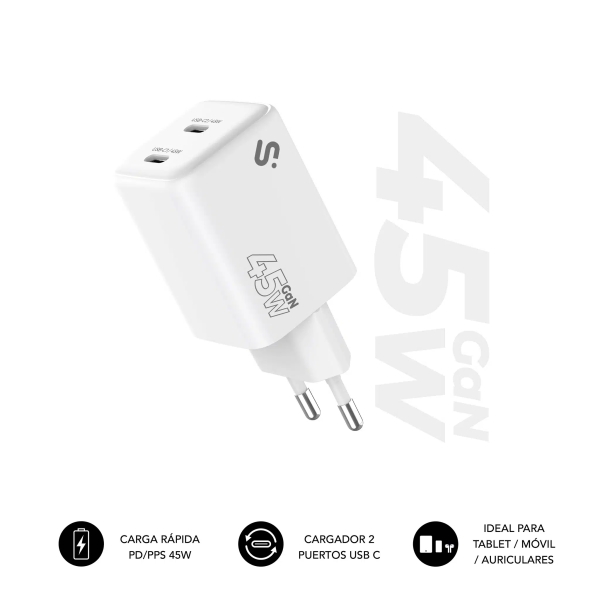 Subblim Cargador de Pared GaN 45W - 2xUSB-C -  Carga Ultra rápida - Color Blanco
