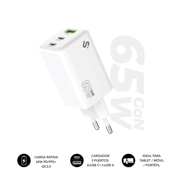 Subblim Cargador de Pared GaN 65W - 3 Puertos (2xUSB-C + 1xUSB-A) -  Carga ultra rápida - Color Blanco