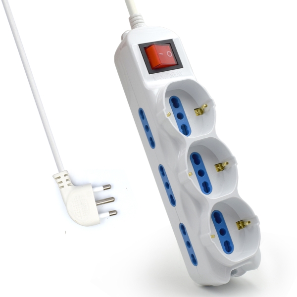 Ewent Regleta con 9 Tomas - 6 Tomas L + 3 Tomas L/F (Schuko) - Interruptor On/Off - Proteccion contra Sobretensiones - Enchufe Italiano Plano en Angulo - Proteccion Infantil - Cable de 1.5m - Color Blanco