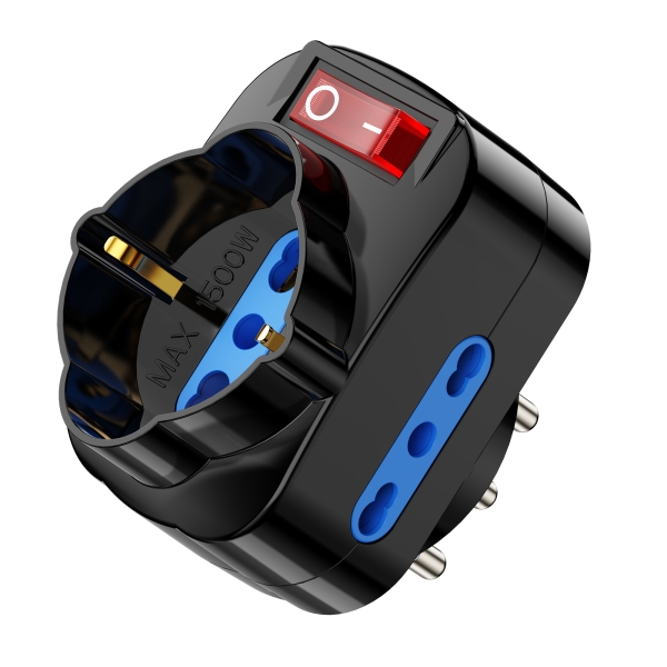 Ewent Regleta de 3 Tomas de Pared - 3x Tomas Italianas Tipo L/ Schuko de 10/16A - 2 Tomas L + 1 Toma L/F (Schuko) - Interruptor On/Off - Proteccion Infantil - Enchufe Italiano Giratorio - Color Negro