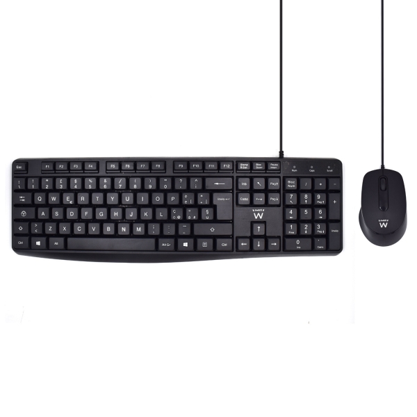 Ewent Pack Teclado + Raton para Oficina - Teclas Silenciosas de Perfil Bajo - 1000dpi - Disposicion Italiana QWERTY IT - Cable de 1.35m - Teclas Silenciosas de Perfil Bajo - Color Negro