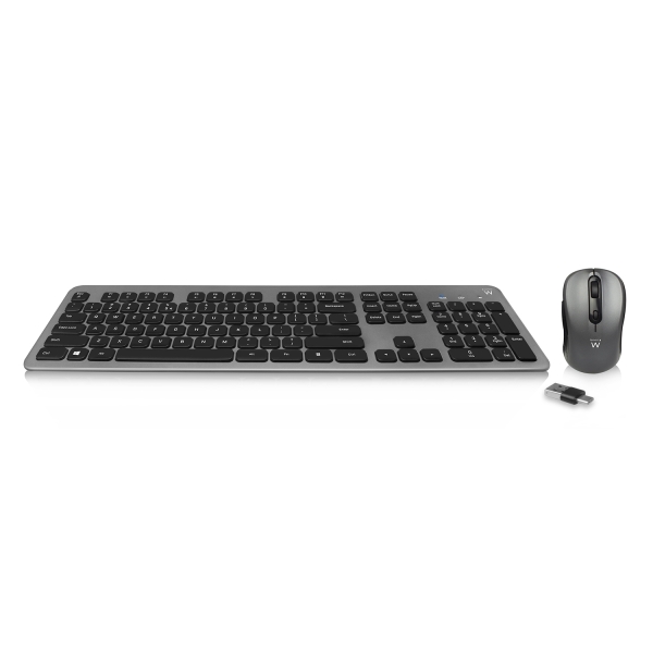 Ewent Pack Teclado + Raton Inalambrico - Receptor USB-A 2.4Hz - 1600dpi - Disposicion Inglesa QWERTY US - Incluye Pilas AA/AAA - Teclas Silenciosas de Perfil Bajo - Color Negro/Gris