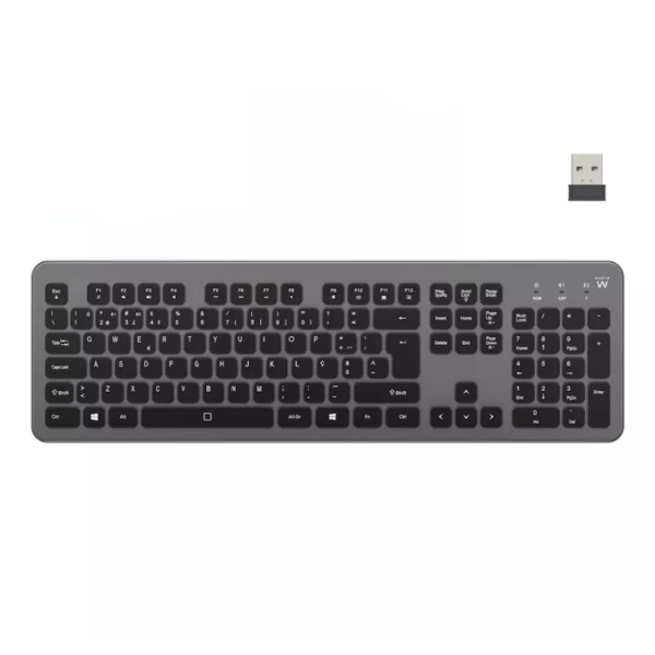 Ewent Teclado Inalambrico - Bateria de Litio Recargable de 300mAh - Disposicion Portuguesa QWERTY PT - Retroiluminacion - Teclas de Bajo Perfil y Silenciosas - Color Negro/Gris