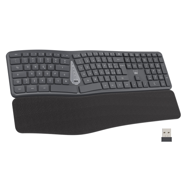 Ewent Teclado Inalambrico - Ergonomico - Bateria de Litio Recargable de 300mAh - Teclas de Bajo Perfil y Silenciosas - Color Negro