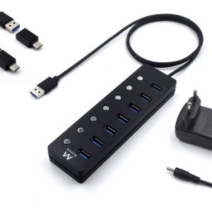 Ewent Hub USB 7 en 1 - Alimentacion Externa - Interruptores Individuales - Incluye Adaptador USB-C - Cable de 1.2m - Color Negro