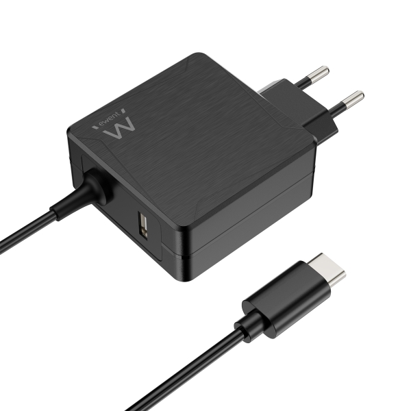 Ewent Cargador de Pared USB-C de 65W - Power Delivery - USB-A Extra - Cable de 1.5m - Proteccion Electrica - Color Negro
