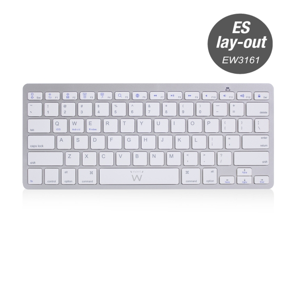 Ewent Teclado Inalambrico - 2x Baterias AAA - Disposicion QWERTY ES - Ultradelgado - Bluetooth - Color Plata/Blanco