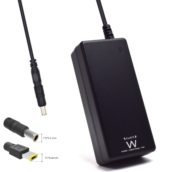 Ewent Cargador Especifico para Portatiles IBM/Lenovo - 65W de Potencia - 2 Clavijas Intercambiables - Color Negro