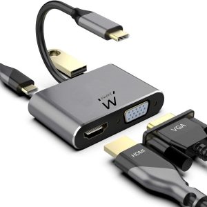 Ewent Hub 4 en 1 - HDMI - VGA - USB 3.2 Gen1 - USB-C PD 60W - Color Aluminio