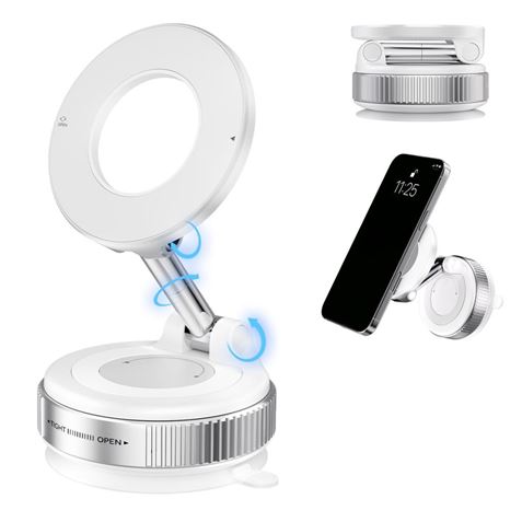 XO C169 Soporte Magnetico de Coche para Smartphones - Fijacion por Vacio - Rotacion 360º - Brazo Extensible - Multisuperficie - Boton de Liberacion  - Aro Metalico Incluido - Color Blanco