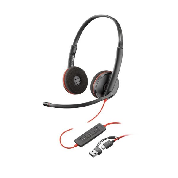 Plantronics/Poly Blackwire 3220 USB-C Auriculares con Microfono - Almohadillas Acolchadas - Controles en Cable - Adaptador USB-A - Color Negro