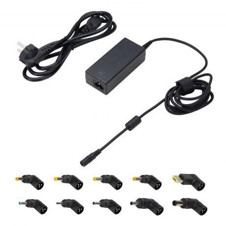 Ewent Cargador Universal para Portatil de 65W - 10 Clavijas Intercambiables - Automatico - Gestion Inteligente de Corriente - Color Negro