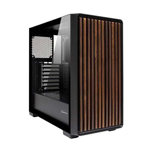 Unykach Revelat Madeira Black Caja ATX, Micro ATX, ITX - Lateral de Vidrio Templado y Frontal con Listones de Madera Natural - 3.5", 2.5" - USB-A 3.0, USB-C y Audio - Soporta Refrigeracion Liquida - Color Negro