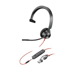 Plantronics/Poly Blackwire C3315 3,5mm y USB-C Auricular Monoaural con Microfono - Almohadilla Acolchada - Controles en Cable - Incluye Adaptador a USB-A - Color Negro