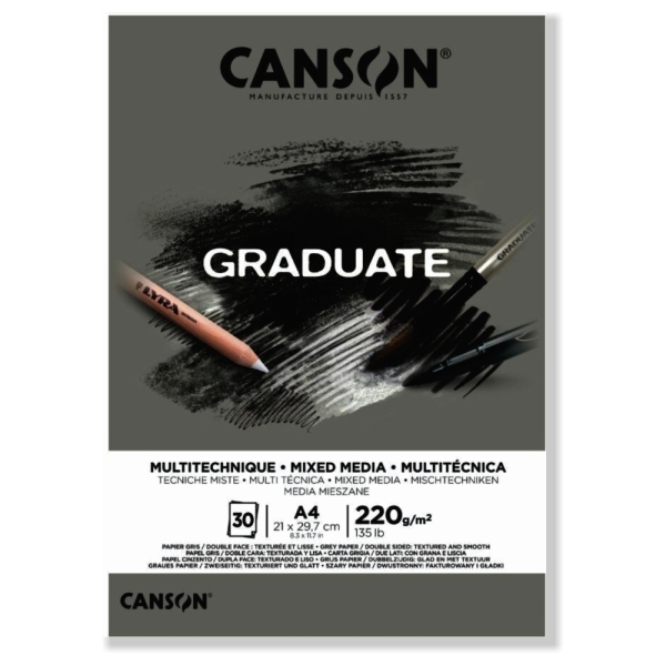 Canson Graduate Mix Media Bloc Encolado de 30 Hojas A4 - 220g - Grano Fino - Color Gris