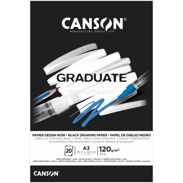 Canson Graduate Black Bloc Encolado de 20 Hojas A3 - 120g - Grano Fino - Color Negro