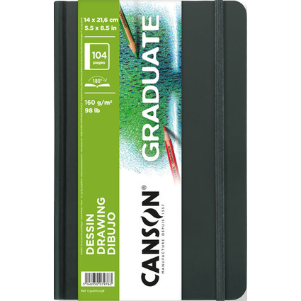 Canson Graduate Dibujo Cuaderno con 52 Hojas - 14x21.6cm - 160g - Grano Fino - Color Blanco
