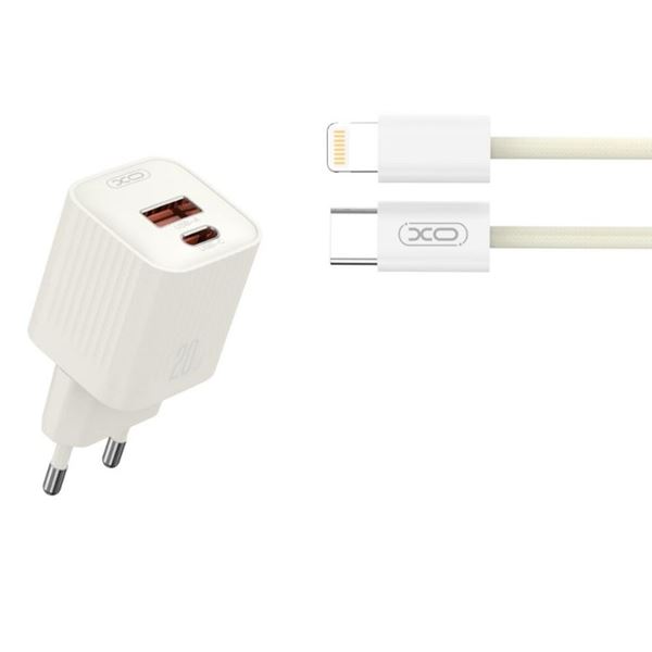 XO L147 Cargador de Corriente 20W - USB-A y USB-C - Carga Rapida - Incluye Cable USB-C a Lightning - Color Blanco