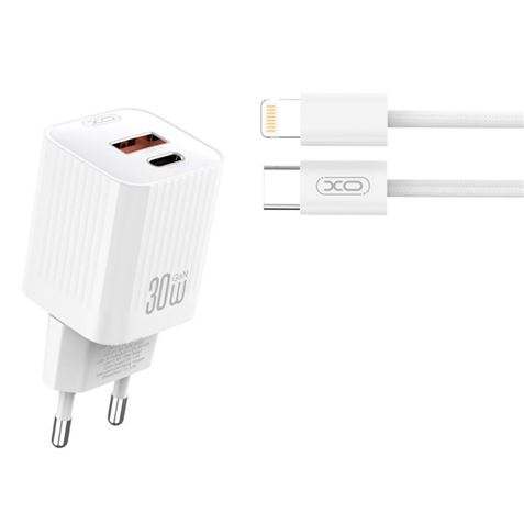 XO L149 Cargador de Corriente 30W - USB-A y USB-C - Alto Rendimiento - Incluye Cable USB-C a Lightning - Color Blanco