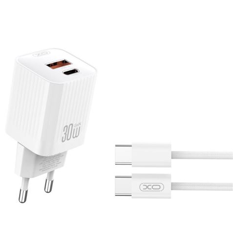 XO L149 Cargador de Corriente 30W - USB-A y USB-C - Alto Rendimiento - Incluye Cable USB-C a Lightning - Color Blanco