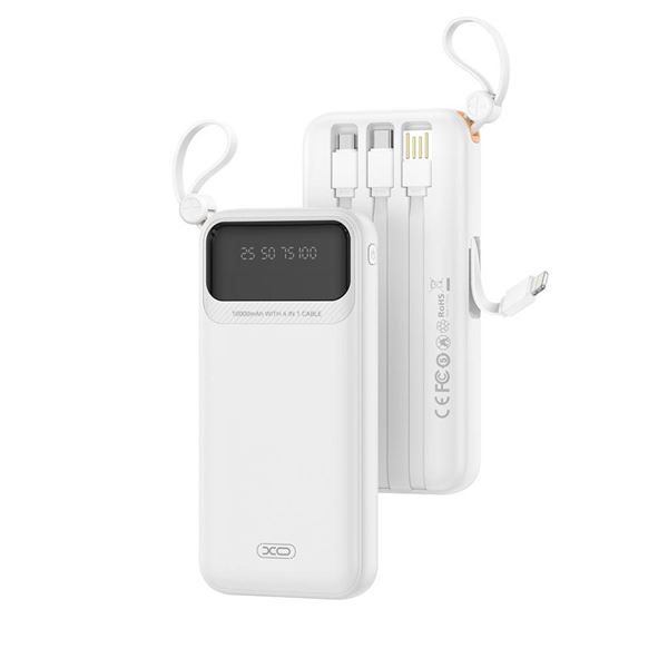 XO PR278 Powerbank de 10000mAh - 3 Salidas - Cables Integrados - USB-A, USB-C, USB-Micro y Lightning - Pantalla Digital - Color Blanco
