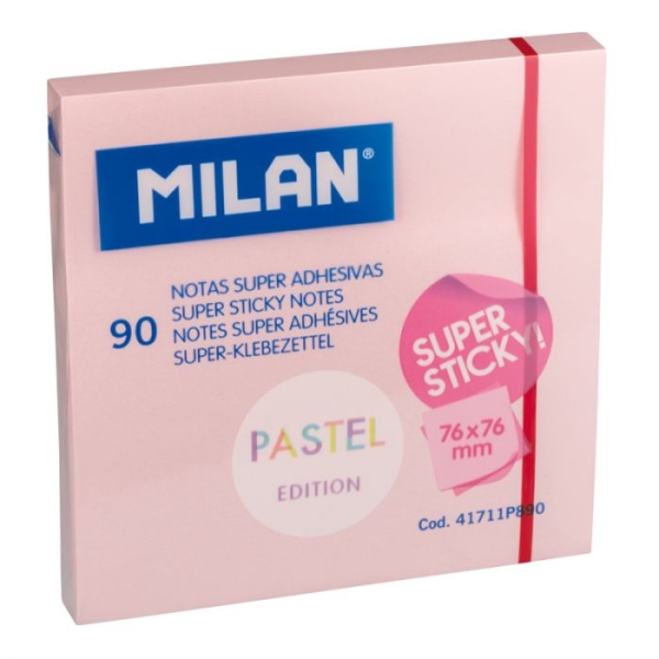 Milan Bloc de 90 Notas Super Adhesivas - Removibles - Mayor Permanencia - 76mm x 76mm - Color Rosa Pastel