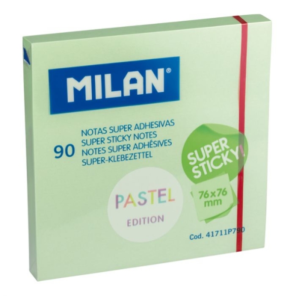 Milan Bloc de 90 Notas Super Adhesivas - Removibles - Mayor Permanencia - 76mm x 76mm - Color Verde Pastel
