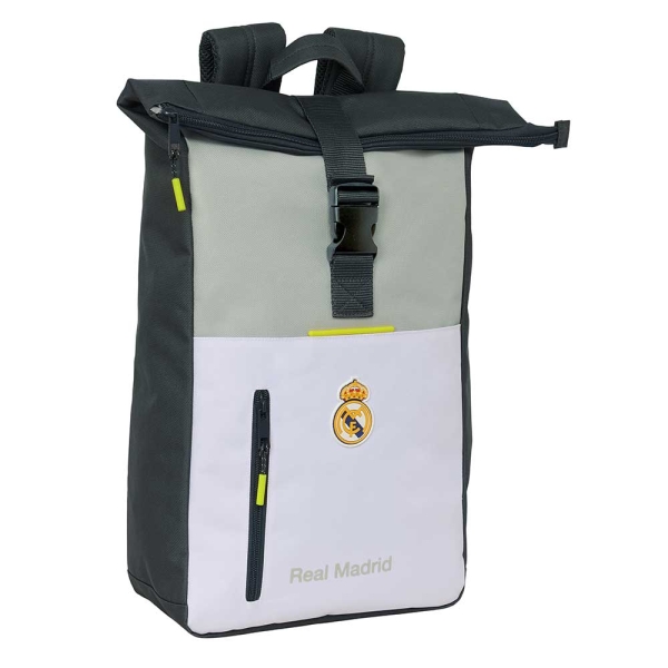 Safta Real Madrid Mochila de 15.3L para Portatil hasta 15.6" - Solapa con Hebilla - Rejilla Antisudor - 28x42x13cm - Color Blanco y Negro