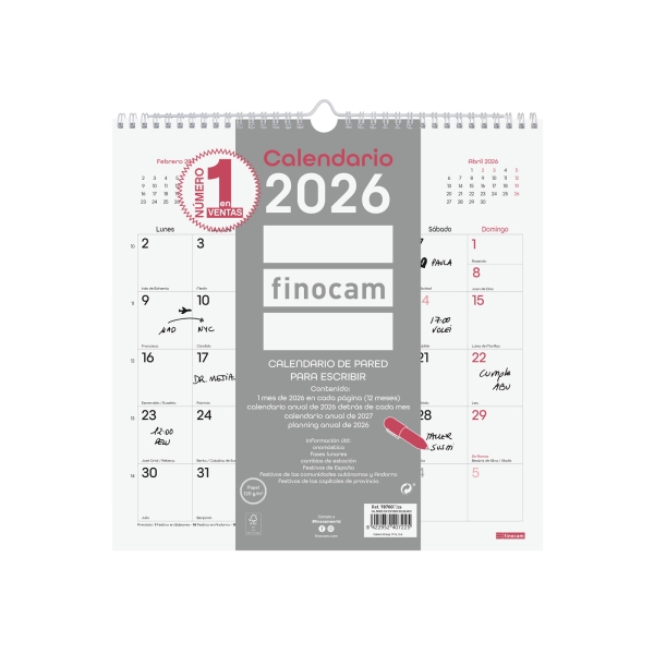 Finocam Chic Calendario de Pared - Anual 2026 - 300x5x310mm - Espacio para Escribir - Color Blanco