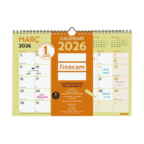 Finocam Grafik Calendario de Pared en Catalan - Anual 2026 - 297x10x212mm - Espacio para Escribir - Color Surtidos