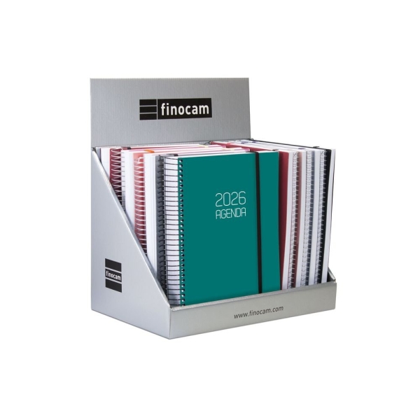 Finocam Expositor con 15 Agendas de Espiral Surtidas en Catalan - Anual 2026 - Formato E10 - Color Surtidos