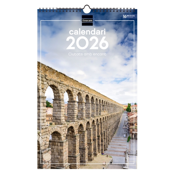 Finocam Calendario de Pared en Catalan - Anual 2026 - Imagenes Variadas - con Espiral - Espacio para Escribir - Tematica de Ciudades y Pueblos