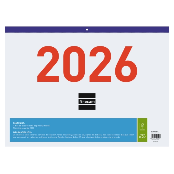 Finocam Calendario Faldilla - Anual 2026 - Espacio para Escribir - Formato F94 - 430x3x310mm - Numeros Grandes - Color Blanco y Azul